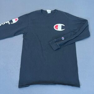Champion Mens Large Big C Logo Long Sleeve Graphic T-Shirt Black Script All GT47